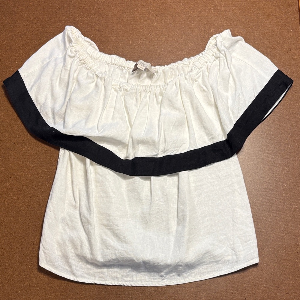 LOFT Off-Shoulder White Blouse with Black Trim